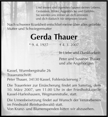 Todesanzeige von Gerda Thauer von HNA