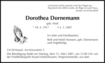 Todesanzeige von Dorothea Dornemann von HNA