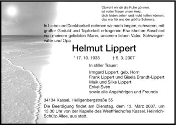 Todesanzeige von Helmut Lippert von HNA