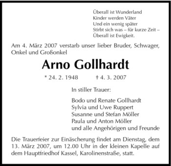 Todesanzeige von Arno Gollhard von HNA