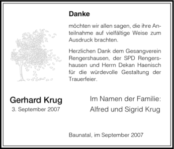 Todesanzeige von Gerhard Krug von HNA