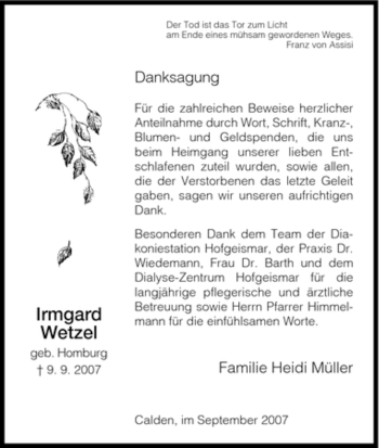 Todesanzeige von Irmgard Wetzel von HNA