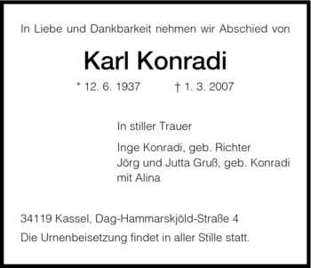 Todesanzeige von Karl Konradi von HNA