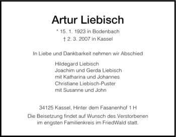 Todesanzeige von Artur Liebisch von HNA