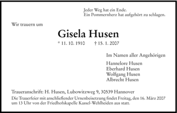 Todesanzeige von Gisela Husen von HNA