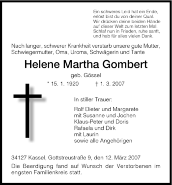 Todesanzeige von Helene Martha Gombert von HNA