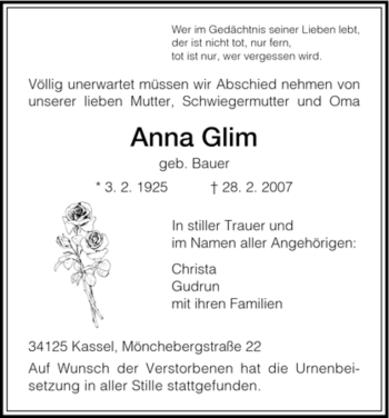 Todesanzeige von Anna Glim von HNA