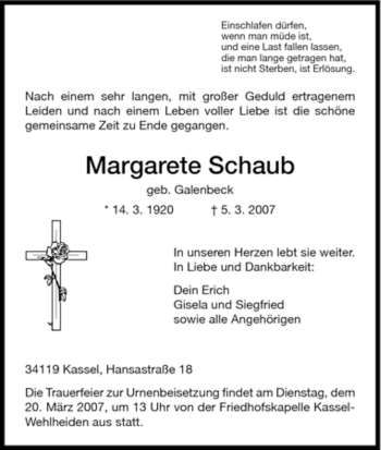 Todesanzeige von Margarete Schaub von HNA