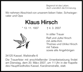 Todesanzeige von Klaus Hirsch von HNA