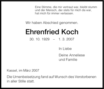 Todesanzeige von Ehrenfried Koch von HNA