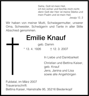 Todesanzeige von Emilie Knauf von HNA