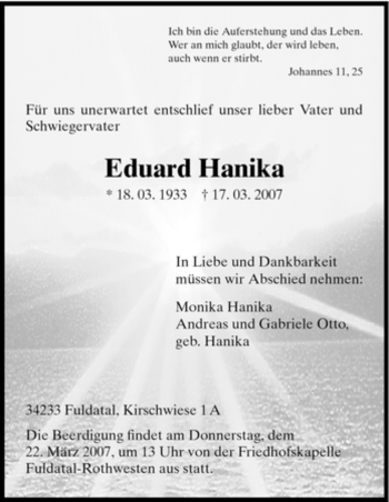 Todesanzeige von Eduard Hanika von HNA