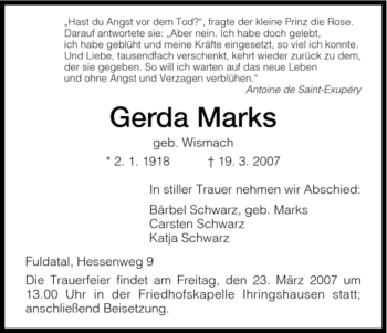 Todesanzeige von Gerda Marks von HNA