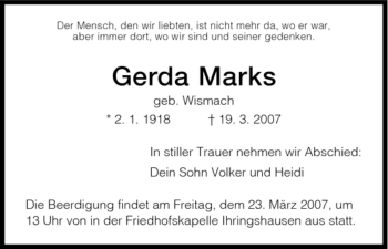 Todesanzeige von Gerda Marks von HNA