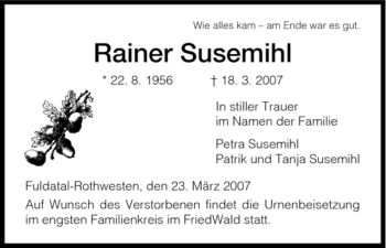 Todesanzeige von Rainer Susemihl von HNA