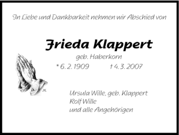 Todesanzeige von Frieda Klappert von HNA