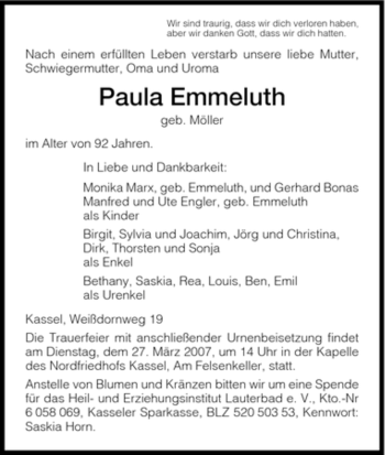 Todesanzeige von Paula Emmeluth von HNA