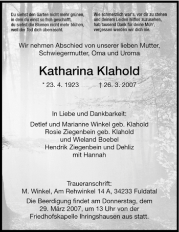 Todesanzeige von Katharina Klahold von HNA