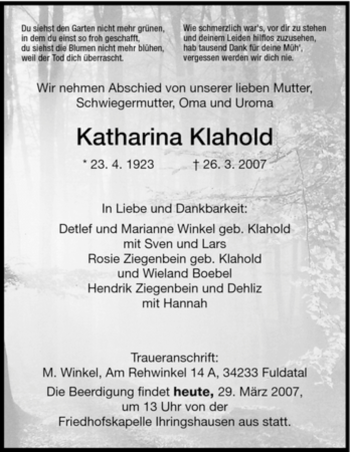 Todesanzeige von Katharina Klahold von HNA