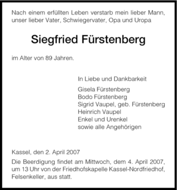 Todesanzeige von Siegfried Fürstenberg von HNA