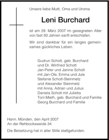 Todesanzeige von Leni Burchard von HNA