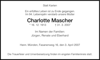 Todesanzeige von Charlotte Mascher von HNA