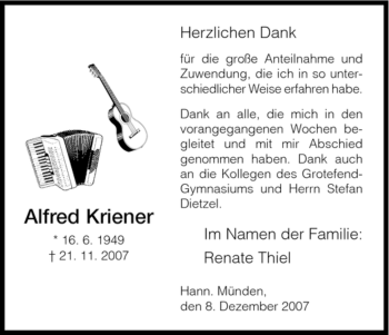 Todesanzeige von Alfred Kriener von HNA