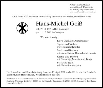 Todesanzeige von Hans-Michel Geiss von HNA