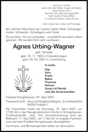 Todesanzeige von Agnes Urbing-Wagner von HNA