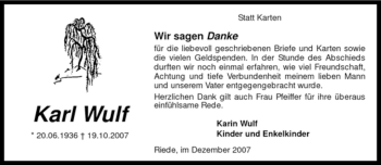 Todesanzeige von Karl Wulf von HNA