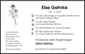 Todesanzeige von Else Gehrke von HNA