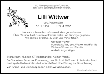 Todesanzeige von Lilli Wittwer von HNA