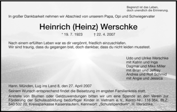 Todesanzeige von Heinz Werschke von HNA