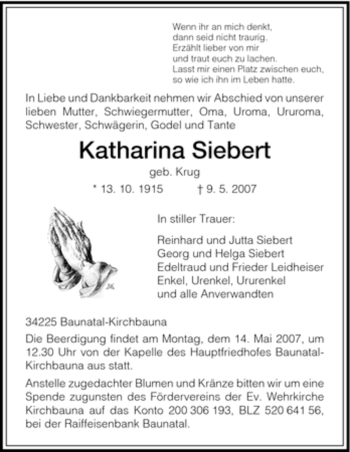 Todesanzeige von Katharina Siebert von HNA