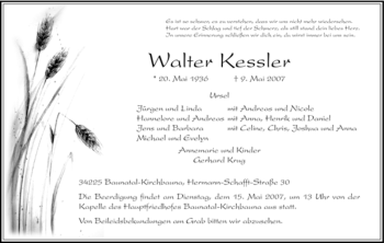 Todesanzeige von Walter Kessler von HNA