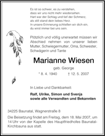Todesanzeige von Marianne Wiesen von HNA