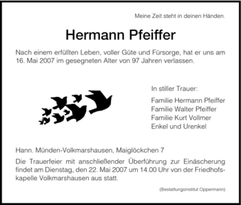 Todesanzeige von Hermann Pfeiffer von HNA