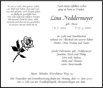 Todesanzeige von Lina Neddermeyer von HNA