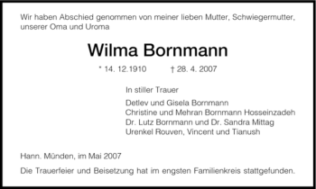 Todesanzeige von Wilma Bornmann von HNA