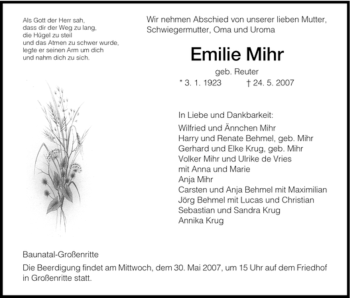 Todesanzeige von Emilie Mihr von HNA