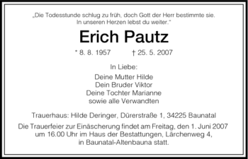 Todesanzeige von Erich Pautz von HNA