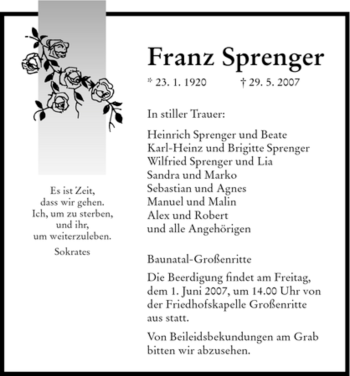 Todesanzeige von Franz Sprenger von HNA