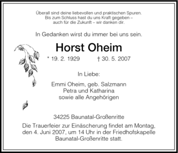 Todesanzeige von Horst Oheim von HNA