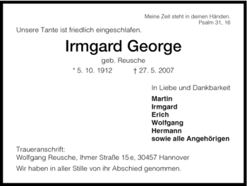 Todesanzeige von Irmgard George von HNA