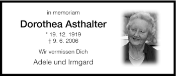 Todesanzeige von Dorothea Asthalter von HNA