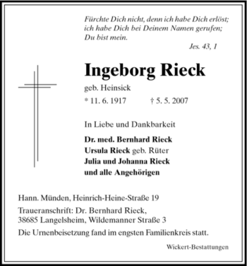 Todesanzeige von Ingeborg Rieck von HNA