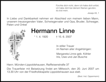 Todesanzeige von Hermann Linne von HNA