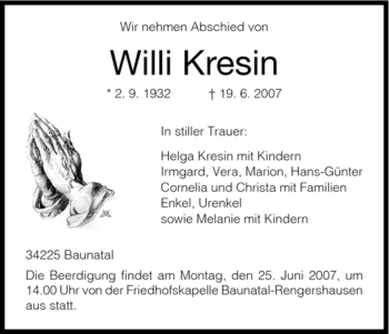 Todesanzeige von Willi Kresin von HNA