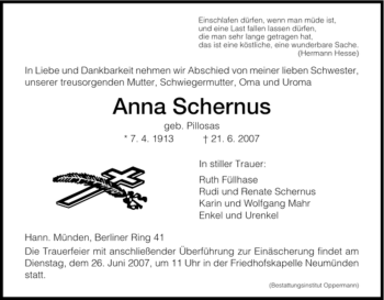 Todesanzeige von Anna Schernus von HNA