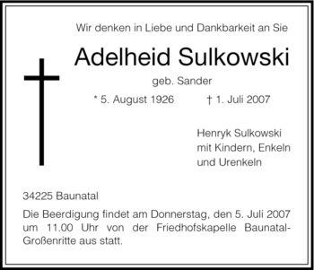 Todesanzeige von Adelheid Sulkowski von HNA